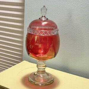 Vintage Cranberry Ruby Crown Flash Cut Pressed Glass Candy Dish